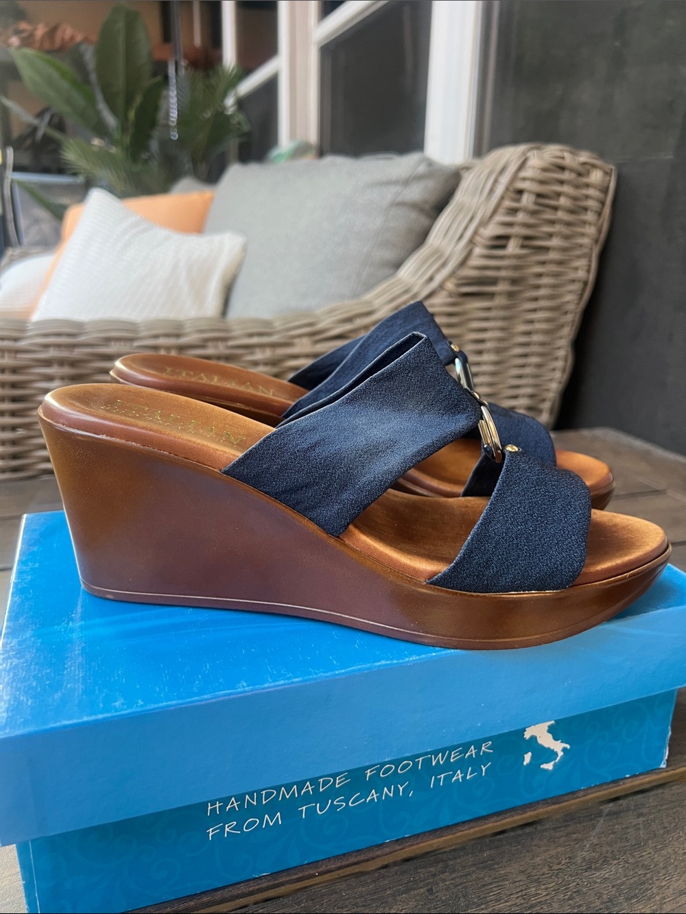 Italian Shoemakers Navy Suede Double-Band Slide with Gold Accents